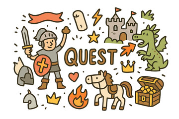 Fototapeta premium Epic Quest Doodle. Heroic quest. Hand-drawn doodle illustration of heroic quest. Hero, sword, shield, dragon,