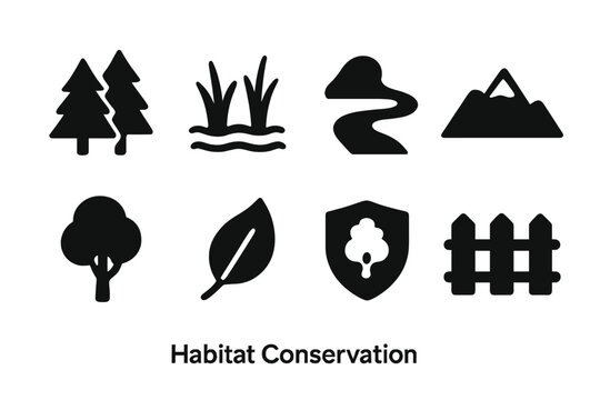 Habitat Preservation Icons. Habitat Conservation. Filled icon set of Habitat Conservation: forest, wetland,