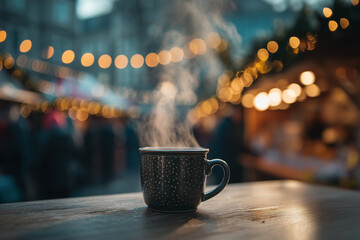 Steaming cup of hot drink at a festive Christmas market, surrounded by glowing bokeh lights and a cozy winter atmosphere