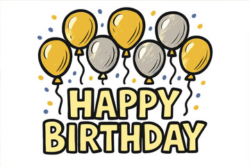 Festive Balloon Celebration. Gold and silver festive balloons. bold doodle lettering, thick black outline,