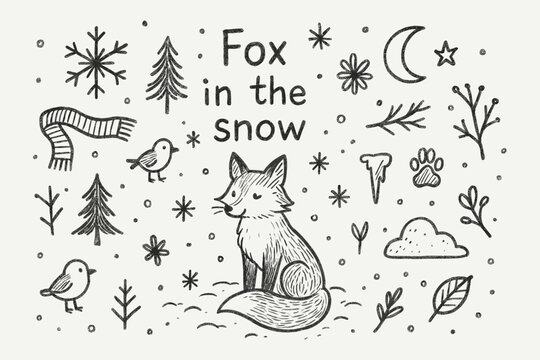 Fox in Snow Doodle. Fox in the snow. Hand-drawn doodle illustration of Fox in the snow. In the middle, one