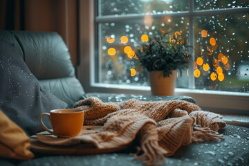 Cozy nook by a rainy window with warm blankets, a book, soft fairy lights, and a steaming cup &mdash; perfect hygge atmosphere for relaxing indoors