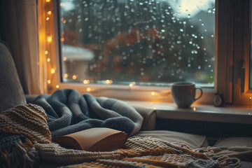 Cozy nook by a rainy window with warm blankets, a book, soft fairy lights, and a steaming cup &mdash; perfect hygge atmosphere for relaxing indoors