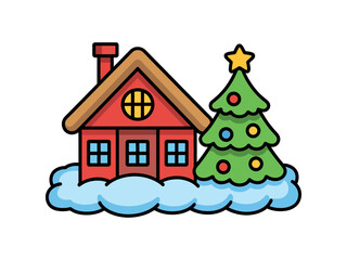 Fototapeta premium A christmas house with a tree on a cloud in cartoon illustration