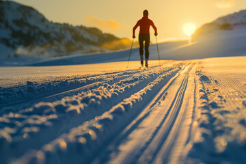 Cross-country skier gliding along groomed snowy tracks at golden sunrise, capturing winter serenity, motion, and glowing light