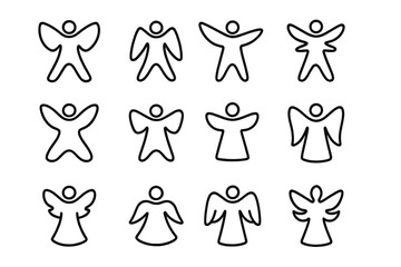 Snow Angel Icon Set. Snow angel shapes. Line outline icon set of Snow angel shapes: wide angel wings, narrow