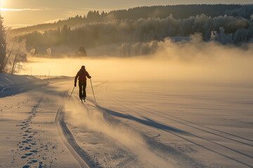 Cross-country skier gliding along groomed snowy tracks at golden sunrise, capturing winter serenity, motion, and glowing light