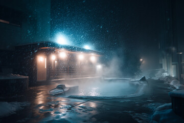 Steamy outdoor thermal pool at night during snowfall, illuminated by warm lights creating a dramatic, serene winter spa atmosphere