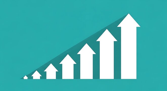 Illustration of ascending arrows on teal background representing growth, progress, and positive trend in business