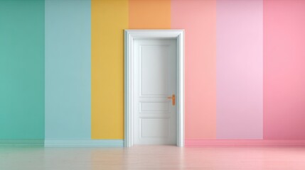 Naklejka premium A white door is in front of a wall with a rainbow of colors. The door is open, and the room is empty. The colors of the wall create a bright and cheerful atmosphere