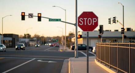 Red stop sign positioned prominently at an intersection with traffic lights and vehicles in the background, emphasizing road safety and traffic regulations in urban settings