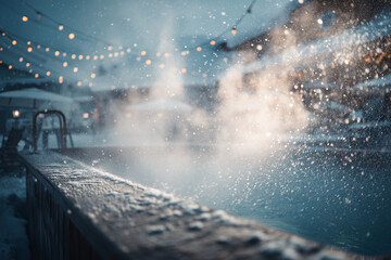 Steamy outdoor thermal pool at night during snowfall, illuminated by warm lights creating a dramatic, serene winter spa atmosphere