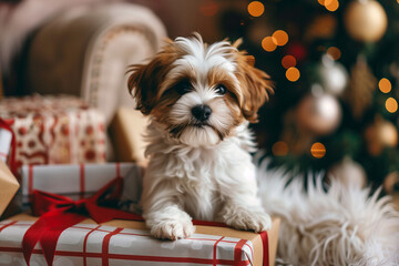 Adorable fluffy puppy sitting on a wrapped Christmas gift, surrounded by festive lights and holiday decorations, creating a warm and joyful Christmas atmosphere