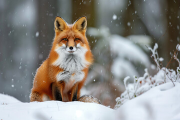 Majestic red fox sitting calmly in a snowy winter forest, captured in soft natural light with falling snow, creating a serene and atmospheric wildlife scene