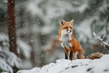 Majestic red fox sitting calmly in a snowy winter forest, captured in soft natural light with falling snow, creating a serene and atmospheric wildlife scene