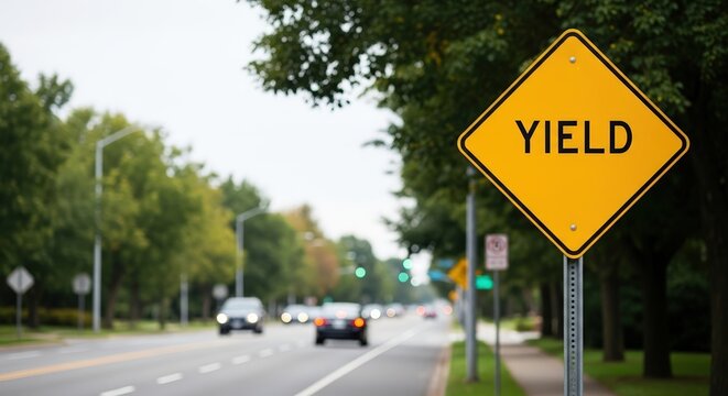 Yellow yield road sign stands prominently beside a tree-lined street, guiding drivers to slow down and yield to oncoming traffic in a suburban setting with clear visibility