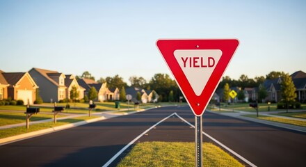 Yield road sign stands prominently at an intersection in a suburban neighborhood, surrounded by houses and green lawns, emphasizing traffic rules and safety awareness