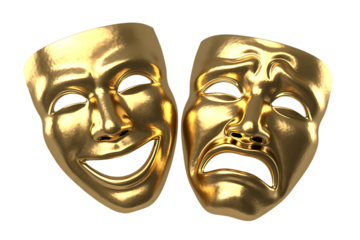 Golden comedy and tragedy masks symbolize the duality of human emotions in theater.