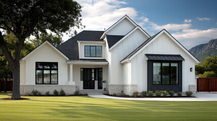 Modern farmhouse style home exterior with white siding, black window frames, gable roof, large front yard, and mountain view under blue sky