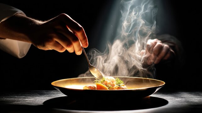 Gourmet culinary art: chef perfecting a steaming dish under dramatic lighting, ,National Bouillabaisse Day