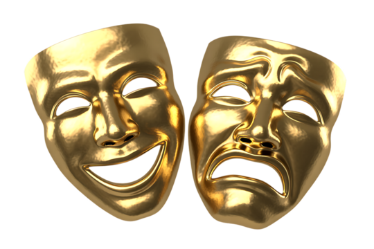 Golden comedy and tragedy masks symbolize the duality of human emotions in theater.