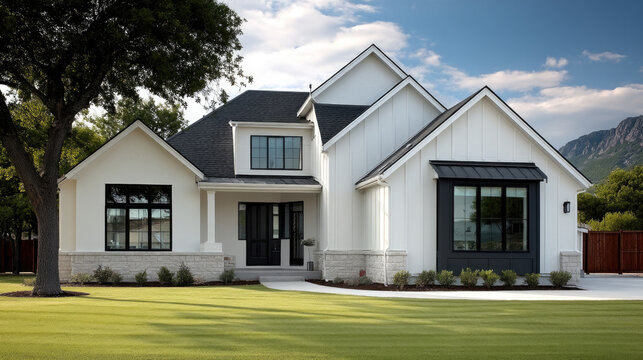 Modern farmhouse style home exterior with white siding, black window frames, gable roof, large front yard, and mountain view under blue sky