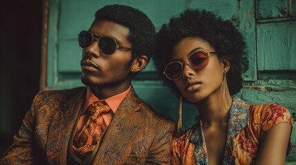 A fashionable couple sits closely together wearing sunglasses and colorful outfits. The background features a textured green wall hinting at a vibrant urban setting on a bright day.