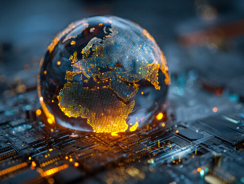 Digital globe representing global connectivity on a technological circuit board - Powered by Adobe