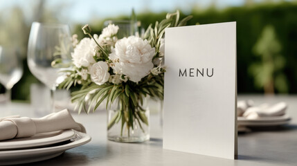 Elegant white menu card on table with floral centerpiece, glassware, and plates, perfect for wedding or formal event outdoor dining