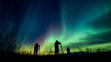 Photographers capturing the vibrant northern lights under a star-filled sky, with striking silhouettes and dramatic aurora colors illuminating the night.