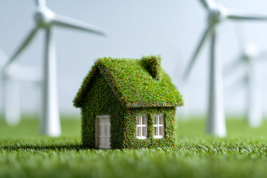 Eco-friendly house model covered with green grass surrounded by large wind turbines symbolizing sustainable living and renewable energy concepts - Powered by Adobe