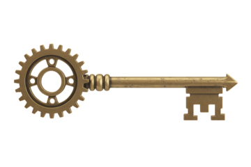 A vintage brass key with a gear-shaped bow sits isolated on a white background.
