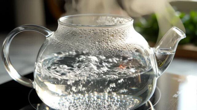 glass teapot with boiling water