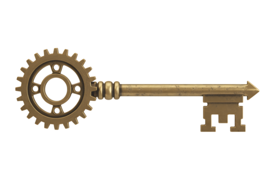 A vintage brass key with a gear-shaped bow sits isolated on a white background.
