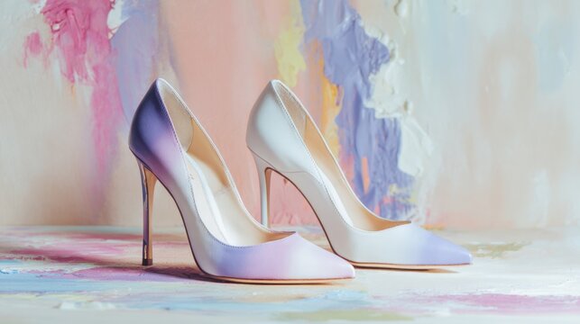 Two colorful high heels are displayed on a colorful background. The shoes are purple and white, and they are placed on a white surface. The background is a mix of colors, creating a vibrant - Powered by Adobe