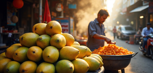 A vendor in a vibrant Hanoi market meticulously arranges a pyramid of ripe, sun-kissed mangoes. The morning steam rises against the dusty street. Colors are rich and warm.