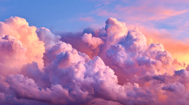 Vibrant purple and pink sunset clouds glowing softly against a tranquil sky with warm orange and blue hues creating a dreamy and serene atmosphere above the horizon - Powered by Adobe