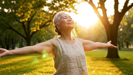 Asia adult aged people middle age mindful happy old woman open arm yoga deep calm stress relief outdoor nature public park sun light self love relax elder aging life asian female mental health care.