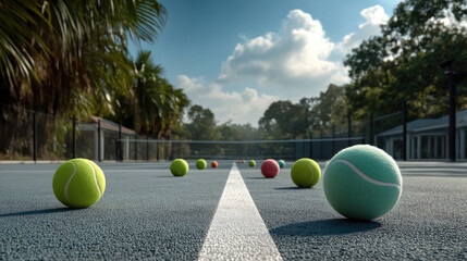 Tennis ball scattered on outdoor tennis court blue sky palm tree sunny day peaceful atmosphere white line net summer