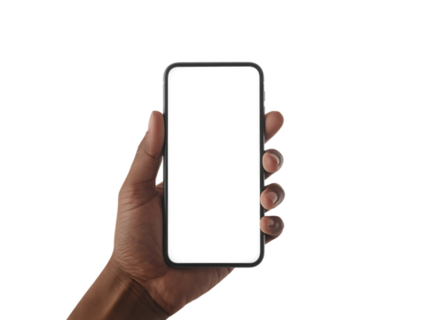 A hand holds a modern smartphone with a blank white screen, ready for content.