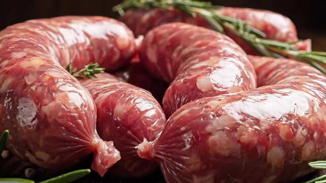 Fresh Raw Homemade Sausages with Rosemary and Spices on a Wooden Board.