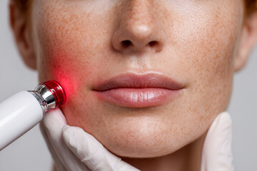 Woman receiving advanced facial treatment with red light therapy device to improve skin health and appearance by professional with gloved hand