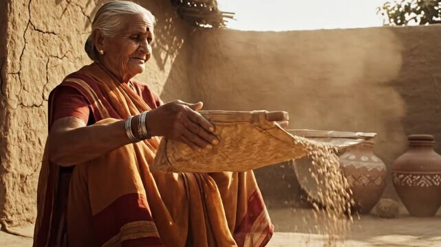 An elderly Indian woman in a traditional saree winnowing grains with a bamboo fan in a rustic village, showcasing an ancient agricultural method