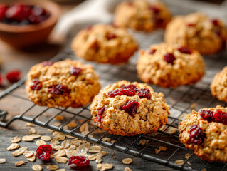 Freshly baked oatmeal cookies with dried cranberries cooling on a wire rack surrounded by scattered oats and rustic wooden table background