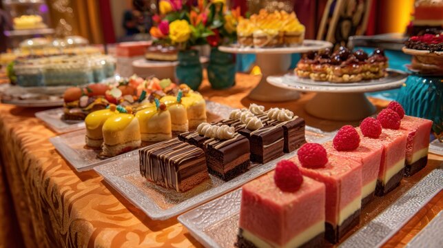 A table full of desserts including cakes, pies, and pastries. The desserts are arranged on plates and trays, with some of them having raspberries on top. The table is set up for a party or gathering