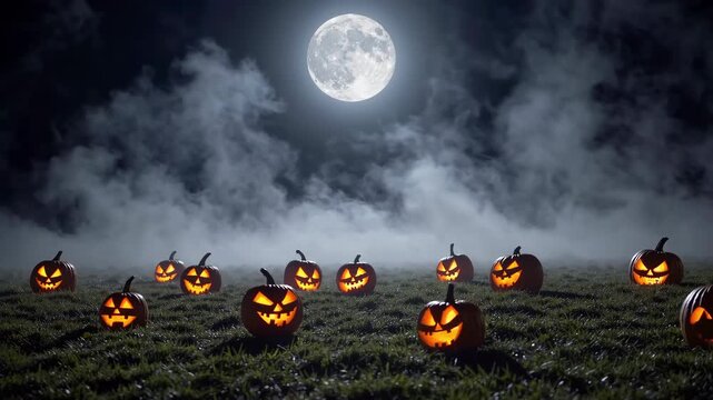 A Spooky Halloween Night Under the Full Moon with Rows of Glowing Pumpkins