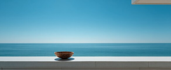 Obraz premium Tranquil sea horizon with wooden bowl on terrace for minimalist design