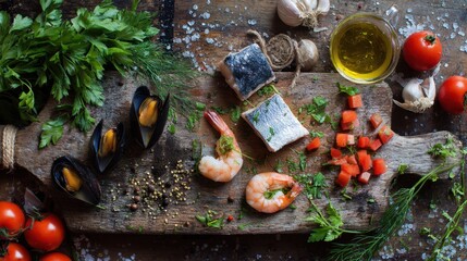 Fresh seafood and vegetables on rustic cutting board for culinary inspiration