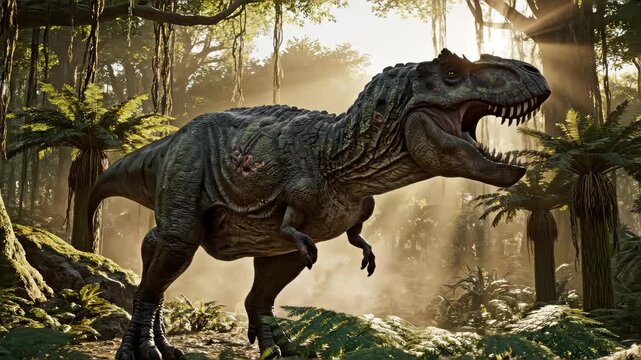 T Rex Tyrannosaurus dinosaur in the morning foggy prehistoric jungle. View of the green prehistoric forest in the jungle on a sunny morning.
