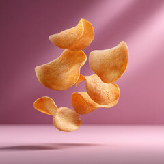 Floating potato chips over pink background, crispy texture, golden color, snack food, minimal style, appetizing and playful mood